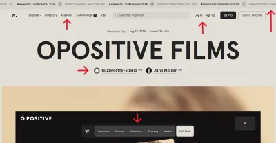 Awwwards homepage with distinct menus at the top and bottom and a scrolling top bar