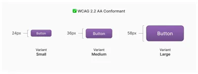 A panel showing three variants of a button component. The panel title is “WCAG 2.2 AA conformance.” The first button component variant is 24 pixels tall and labeled “Variant: Small.” The second button component variant is 36 pixels tall and labeled “Variant: Medium.” The third button component variant is 58 pixels tall and labeled “Variant: Large.”