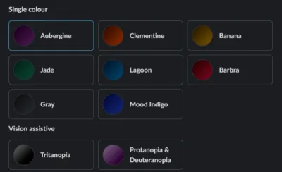 Image showing colour options that can be used when using Slack’s dark mode