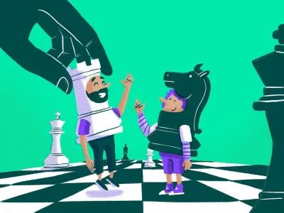 Illustration of two people represented as chess pieces.