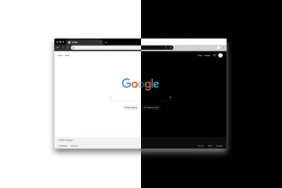 Image showing the Google homepage in light mode on the left and dark mode on the right.