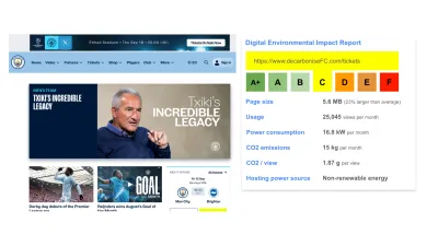 The image shows a screenshot of a Manchester City football club webpage with detailed information about that page, including energy efficiency rating, page size, usage statistics, energy consumption, CO2 emissions, CO2 per view, and information about the energy source.