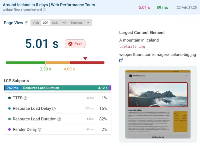 DebugBear tool where you can review visitor experiences and check LCP subpart timings.