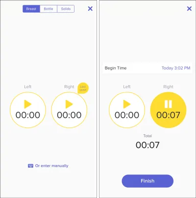 Two screen images placed side by side. They show two timers, one for the left breast and one for the right, demonstrating how the timers can be activated independently of each other. The user interface is minimalist, and all interactive elements, including the timers, are large and easily distinguishable from each other.