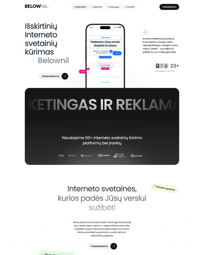 Web page layout for bespoke website development services, with a smartphone in the middle showing design elements and Lithuanian text.