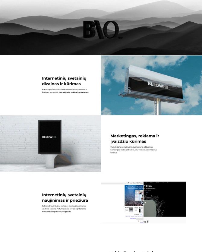 Black and grey layered-mountain background with a "Be" mark, a billboard and a device showing Lithuanian text about web design, marketing and website maintenance.