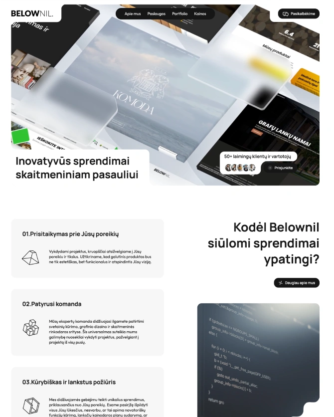 Screenshot of a website presenting innovative digital solutions, with sections on adaptability, an experienced team and a creative approach.
