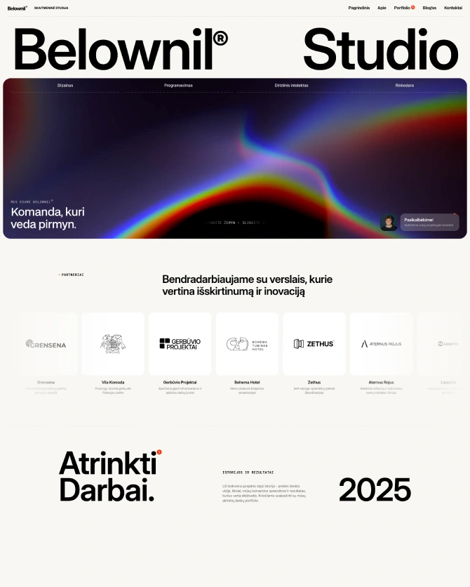 Top of the Belownil Studio website with an artistic background, partner logos and a showcase of selected projects.