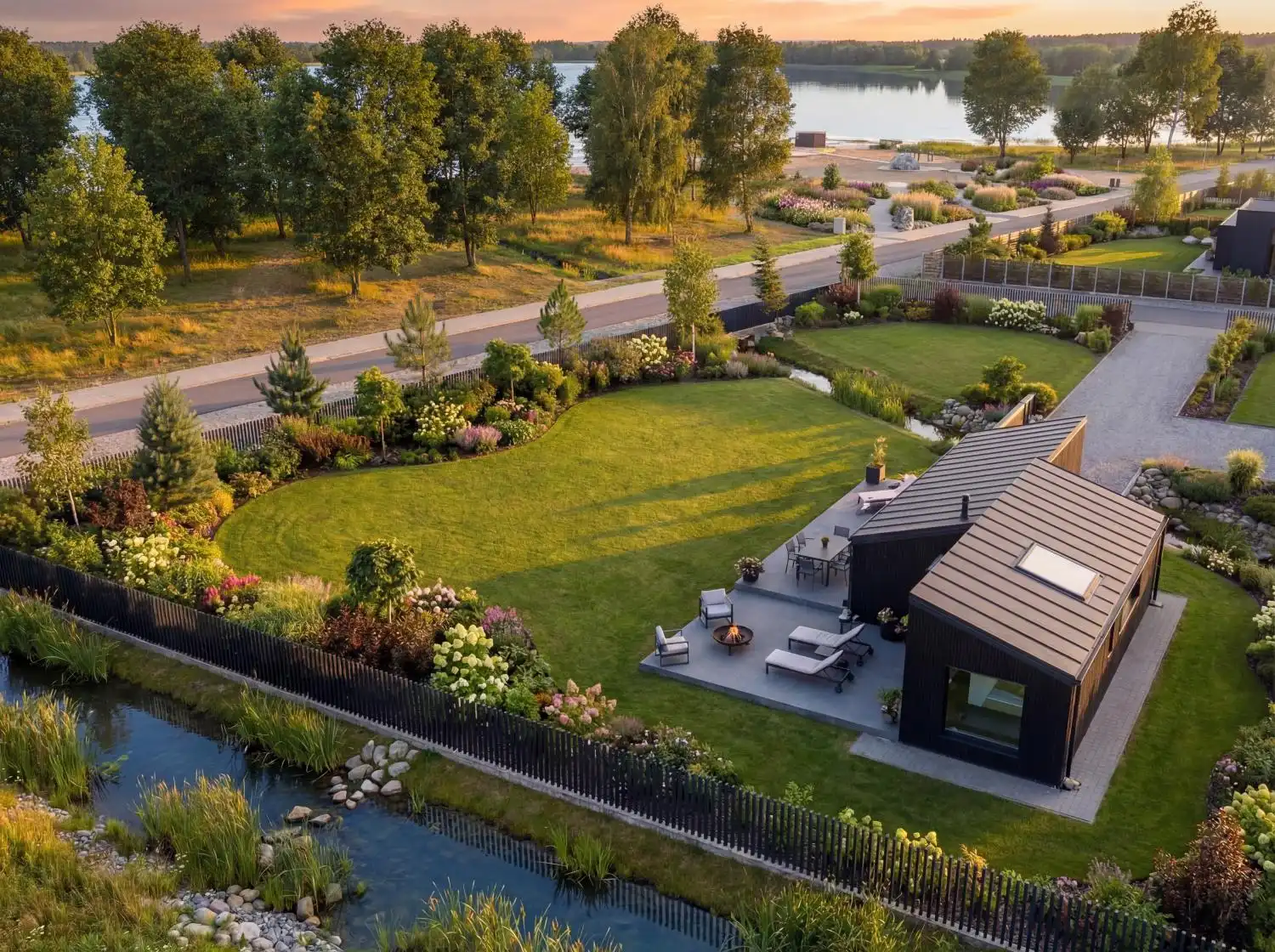 Modern black house with a patio, surrounded by a large green lawn, flower beds, trees, and a small water canal, viewed at sunset.