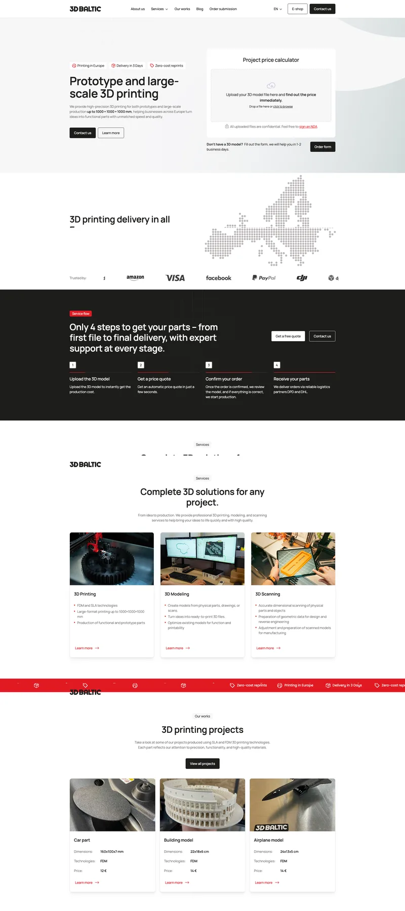 3D Baltic (3D printing and products) website: homepage preview. A Professional System for 3D Printing and Equipment Sales