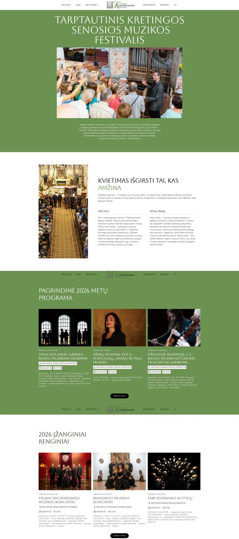 Kretinga Early Music Festival (Classical music festival) website: homepage preview. A Festival Platform with an Integrated Donation System and Event Archive