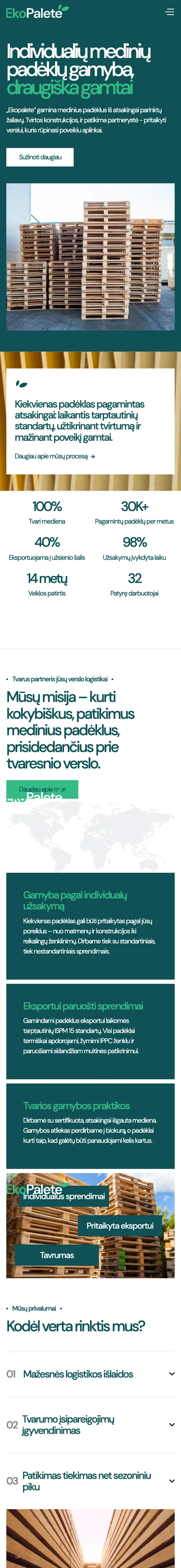 Ekopaletė (Sustainable pallet manufacturer) website: homepage preview. A Digital Platform for Sustainable Wooden Pallet Sales