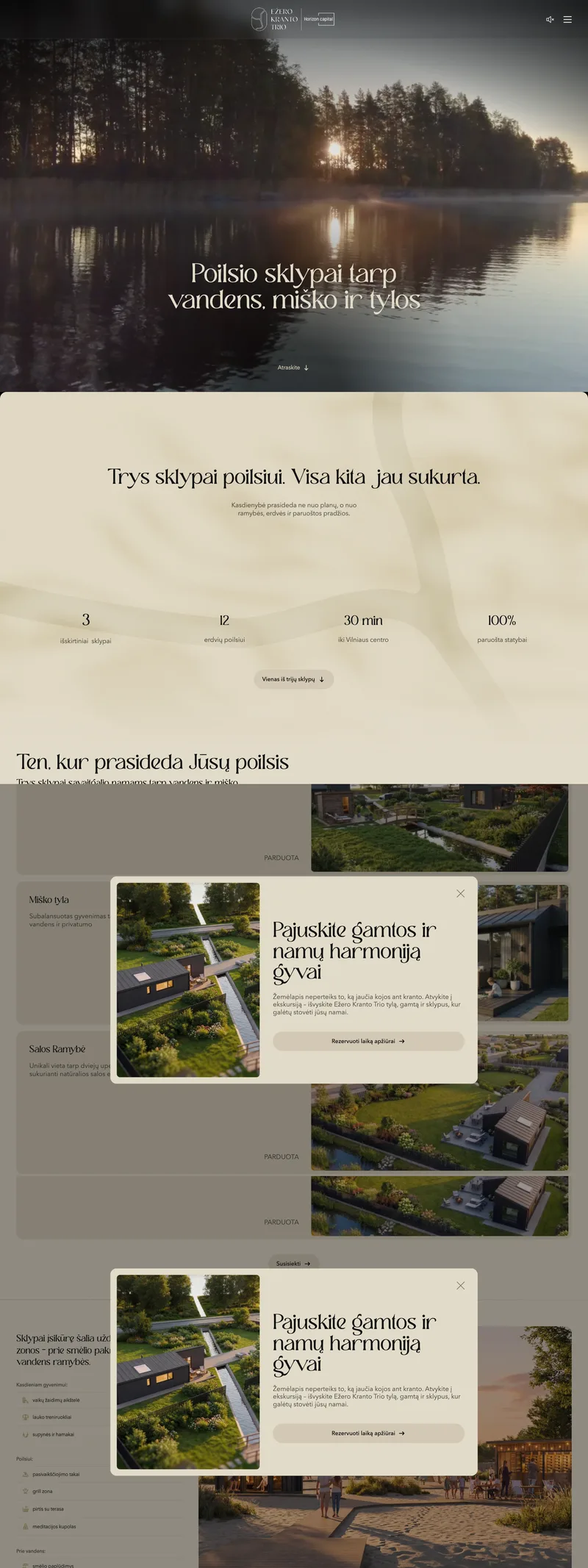 Ežero Kranto Trio (Premium Real Estate Plots by Elektrėnai Lake) website: homepage preview. A Premium Real Estate Project Website That Captures the Atmosphere of the Place