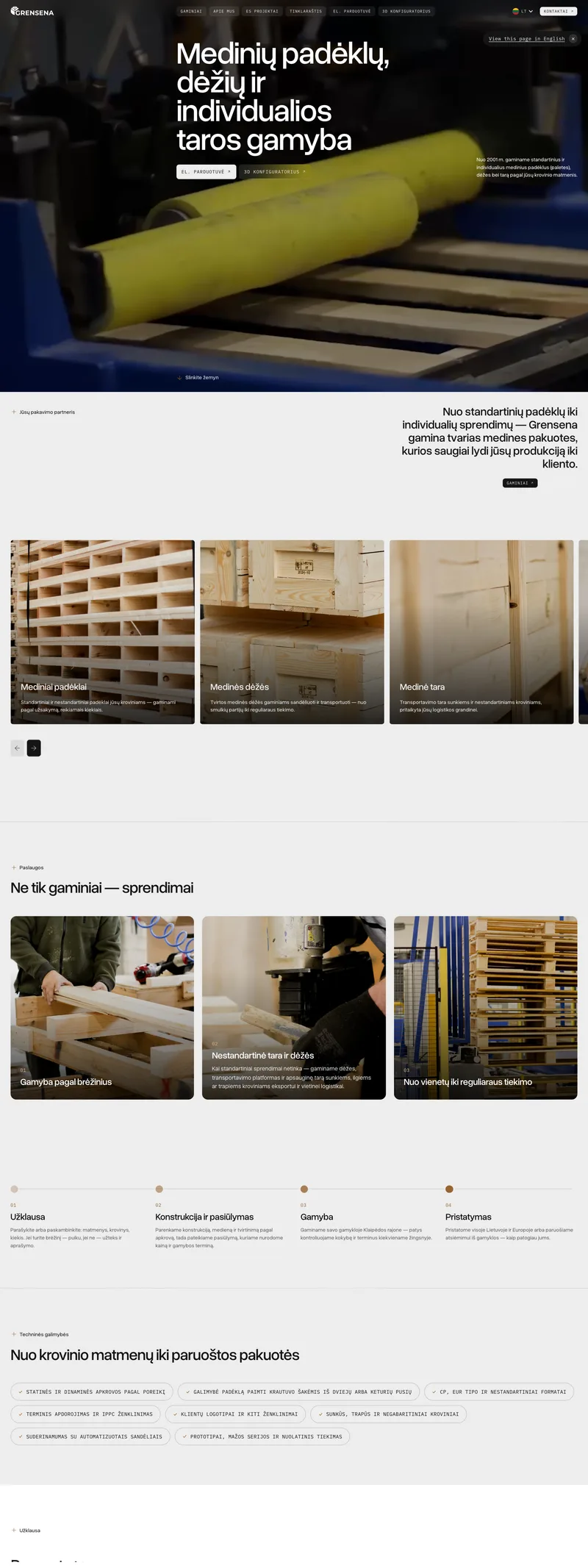 Grensena (Wooden pallet manufacturer) website: homepage preview. A Wooden Pallet Sales Platform That Saves Company Resources