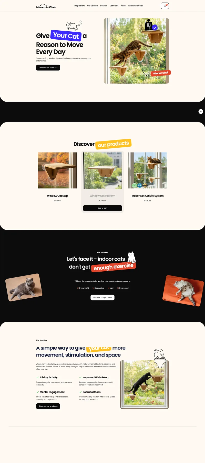 Meowtain Climb (Products for supporting cat activity) website: homepage preview. An E-commerce and Marketing Ecosystem for a Playful Cat Brand