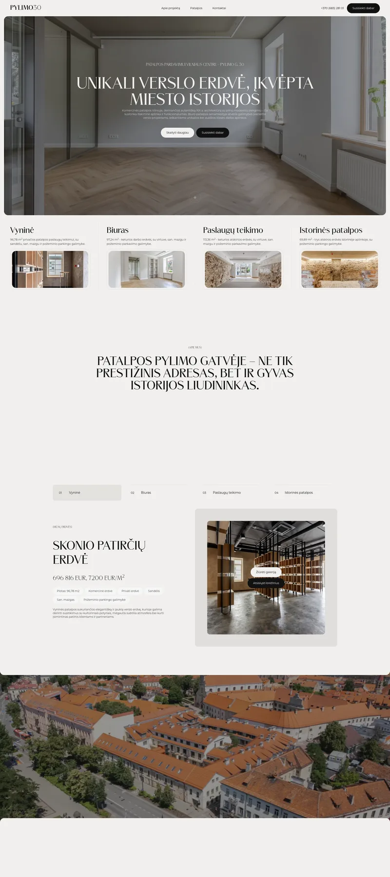 Pylimo 30 (Commercial spaces in Vilnius Old Town) website: homepage preview. An Elegant One-page Website for a Historic Real Estate Project