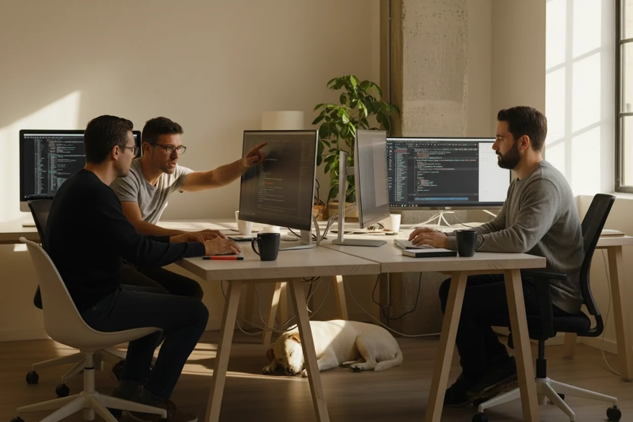 Development team working at computers in an office.