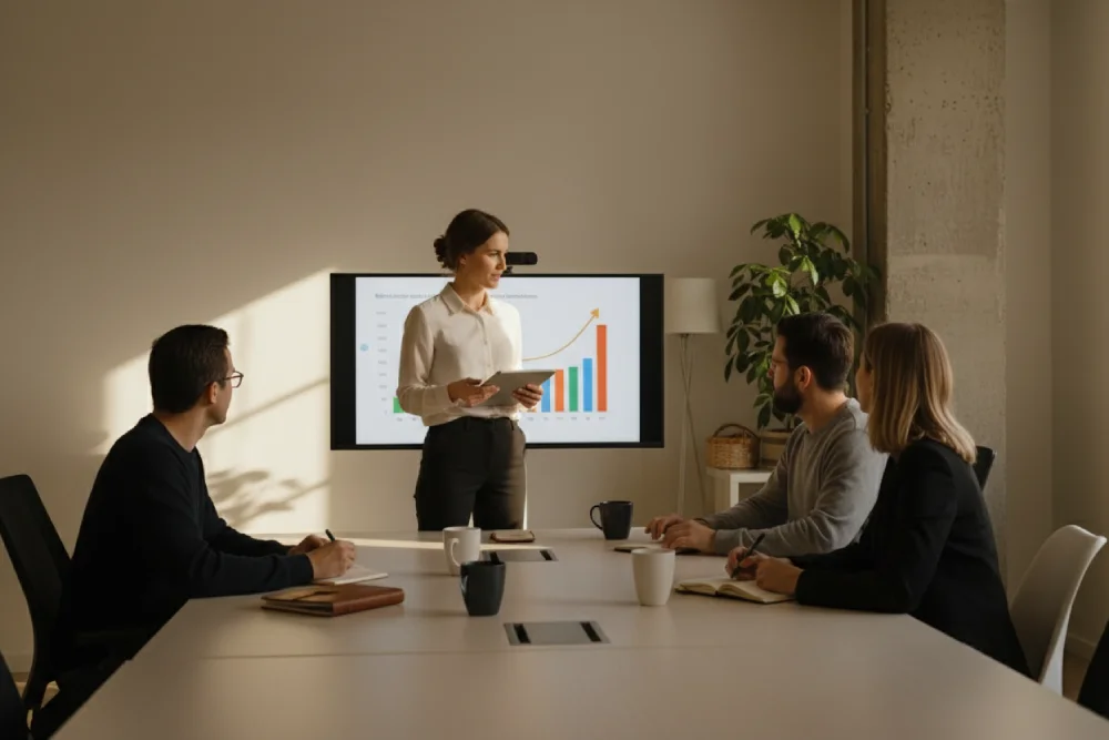 Team presenting results in a meeting.